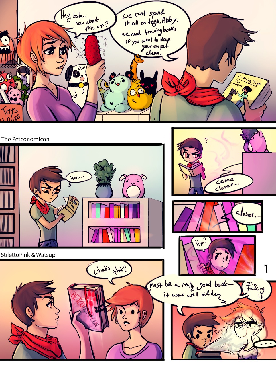 2013 anthro book breasts brown_hair canid canine canis comic dialogue digital_media_(artwork) dizfoley domestic_dog duo e621 ellipsis english_text female hair heart_symbol hi_res human male mammal orange_hair plushie question_mark sex_toy stilettopink text watsup