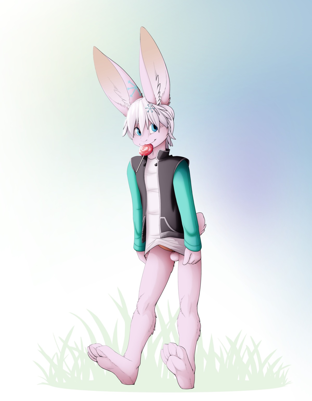 absurd_res anthro balls bottomless candy clothed clothing dessert e621 erection food fur genitals hi_res lagomorph leporid lollipop male mammal naturally_censored penis pink_body pink_fur rabbit shiuk snowflake snowflake_the_bunny solo