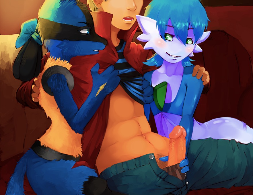 blue_eyes furry handjob lucario male penis pokemon pokemon_(species) pokephilia precum rule34