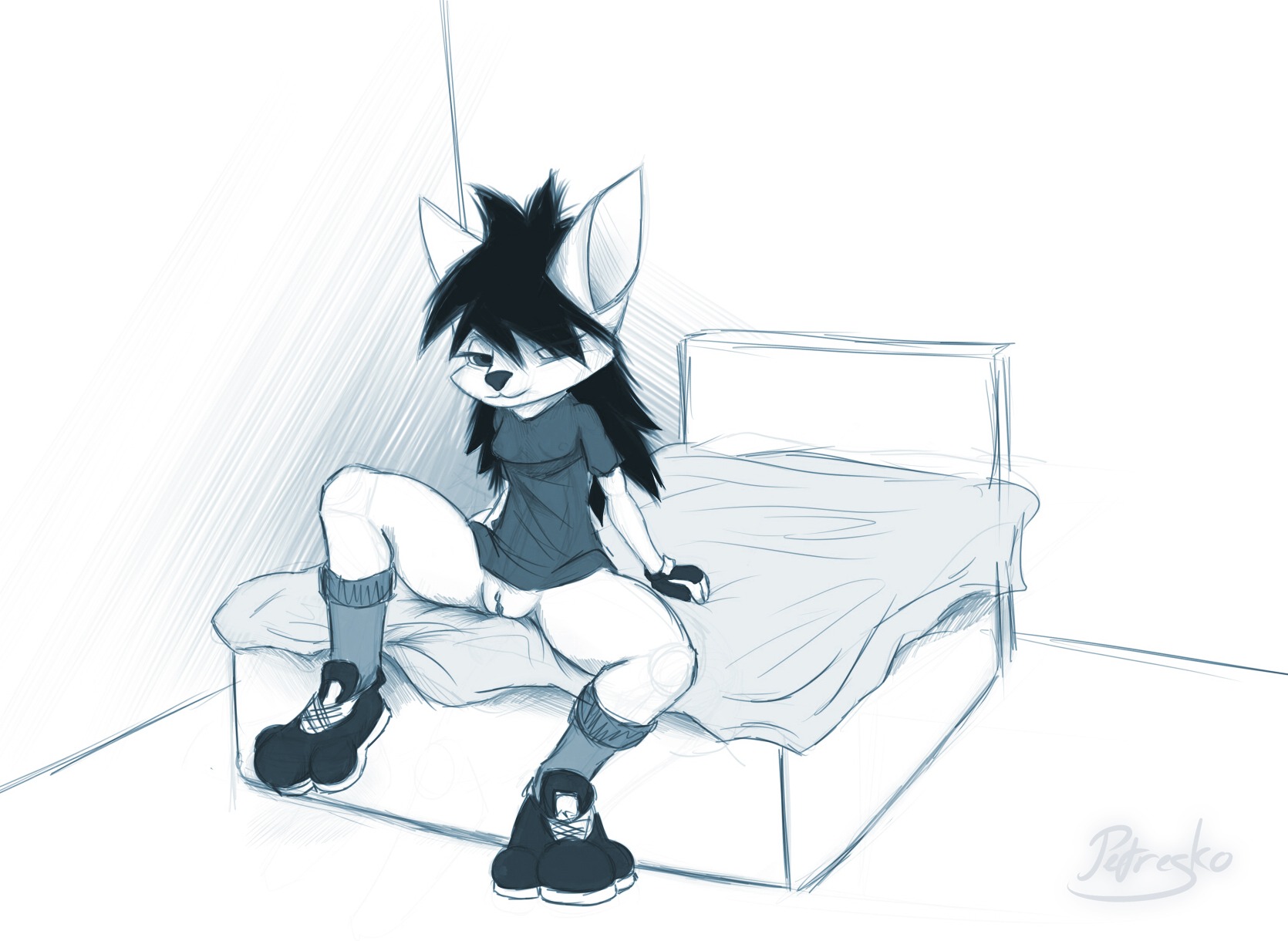 anthro bed black_hair bottomless clothed clothing e621 female footwear furniture genitals gloves hair handwear hi_res long_ears long_hair looking_at_viewer monochrome partially_clothed petresko pose presenting shirt shoes sitting sketch smile smirk solo spread_legs spreading topwear unknown_species vulva