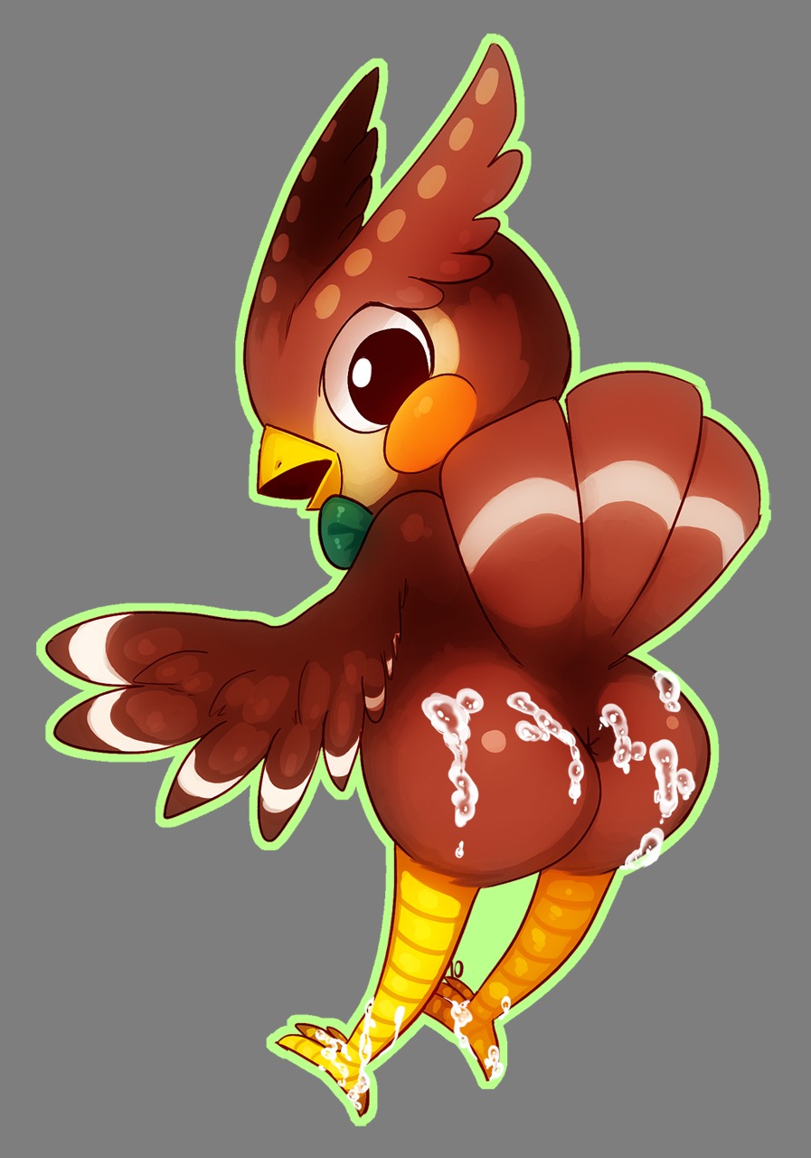 2014 3_toes :o alpha_channel animal_crossing anthro anus avian beak big_butt bird blathers_(animal_crossing) bodily_fluids bow_(feature) bow_tie brown_body brown_feathers butt cum cum_on_butt cum_on_feet cum_on_leg e621 feathered_wings feathers feet genital_fluids hi_res looking_back looking_down male nintendo nude open_mouth owl presenting presenting_hindquarters rear_view simple_background solo tingtongten toes transparent_background wings