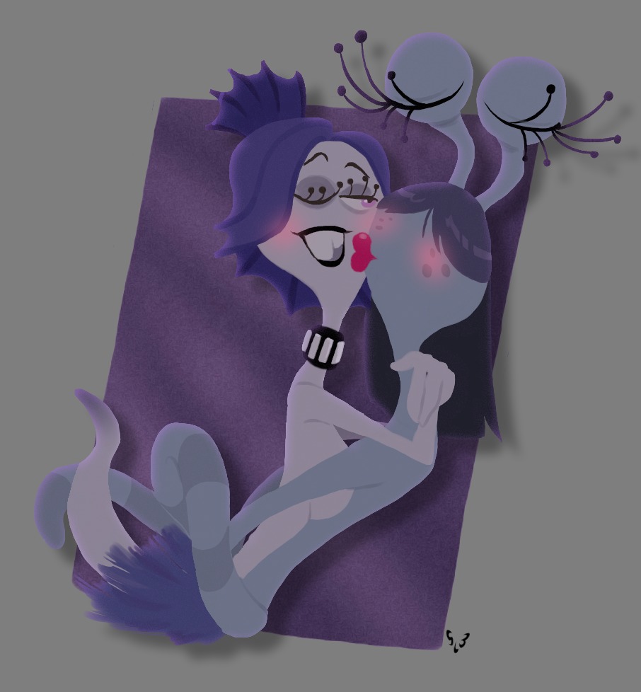 alpha_channel black_hair black_lipstick blush buckteeth claire_wheeler collar disney duo e621 eyestalks female female/female hair kissing lips lipstick makeup monster monsters_inc monsters_university pixar slb sonia_lewis teeth