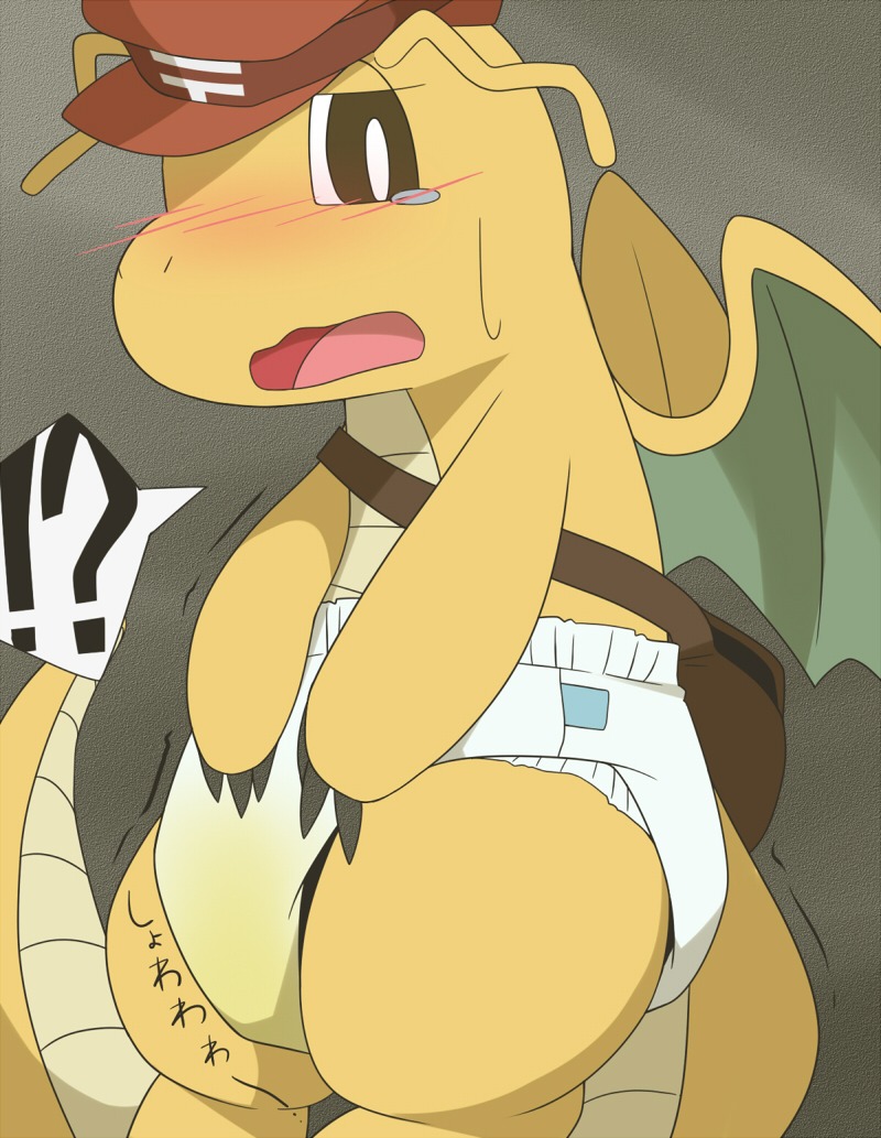 ambiguous_gender blush bodily_fluids clothed clothing diaper dragon dragonite e621 european_mythology exclamation_point generation_1_pokemon genital_fluids hat headgear headwear interrobang membrane_(anatomy) membranous_wings mythological_creature mythological_scalie mythology nintendo orange_body orange_skin peeing pokemon pokemon_(species) question_mark satsuki_rabbit scalie solo tail unclean_diaper urine used_diaper watersports wearing_diaper western_dragon wet_diaper wetting white_diaper wings