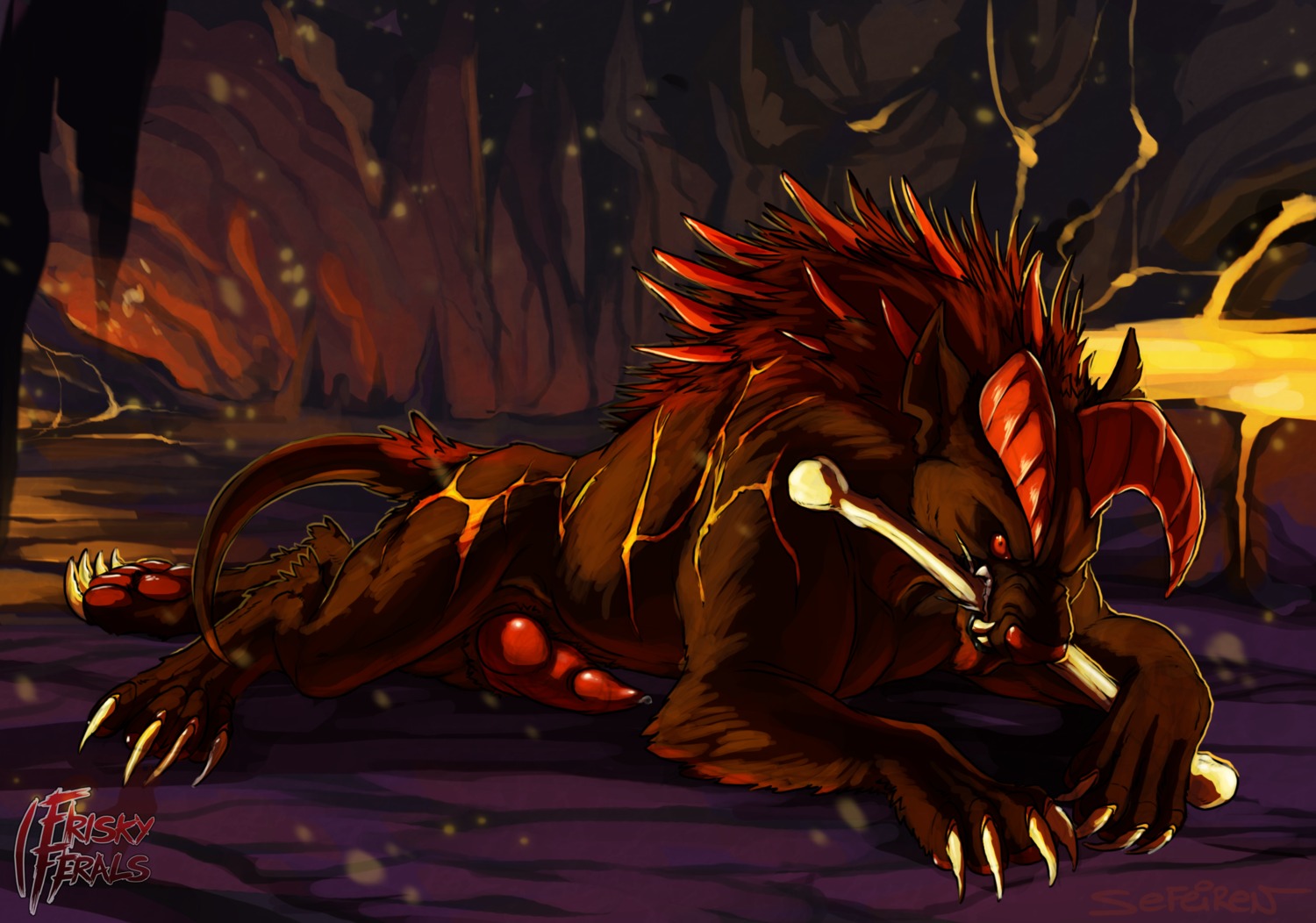 bone brown_body brown_fur canid canid_demon canine cave chewing claws conditional_dnp demon e621 erection feet feral free_content frisky_ferals fur genitals hell hellhound hi_res hindpaw horn knot lava male mammal mane monster mythological_canine mythological_creature mythology pawpads paws penis quills_(anatomy) red_body red_eyes red_fur red_nose sefeiren snarling solo spines stalactite tail