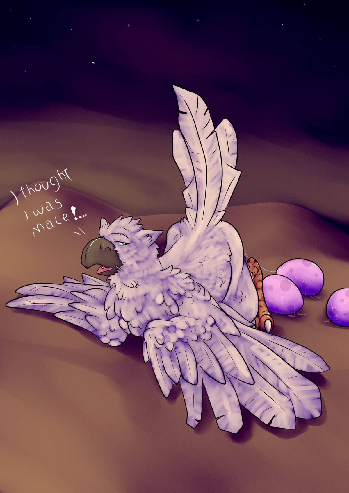 absurd_res avian beak bird digital_media_(artwork) e621 egg english_text feathered_wings feathers female feral hi_res lizardlars narrowed_eyes night outside oviposition realistic_wings sky solo star starry_sky text wings