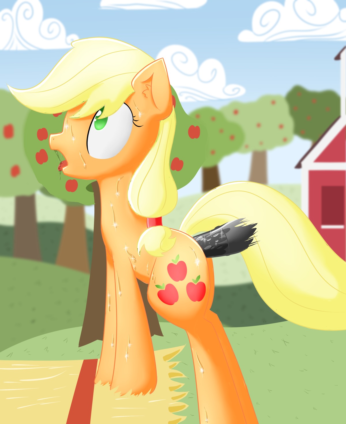 2013 absurd_res all_fours anal anal_penetration animal_genitalia animal_penis apple applejack_(mlp) barn blonde_hair bodily_fluids cloud cutie_mark disembodied_penis doggystyle drooling duo e621 earth_pony equid equine equine_genitalia equine_penis erection female female_penetrated feral food friendship_is_magic from_behind_position fruit fur futaku genitals green_eyes hair hasbro hay hay_bale hi_res horse male male/female male_penetrating male_penetrating_female mammal my_little_pony nude open_mouth orange_body orange_fur outside penetration penis plant pony saliva sex sky sweat tongue tree