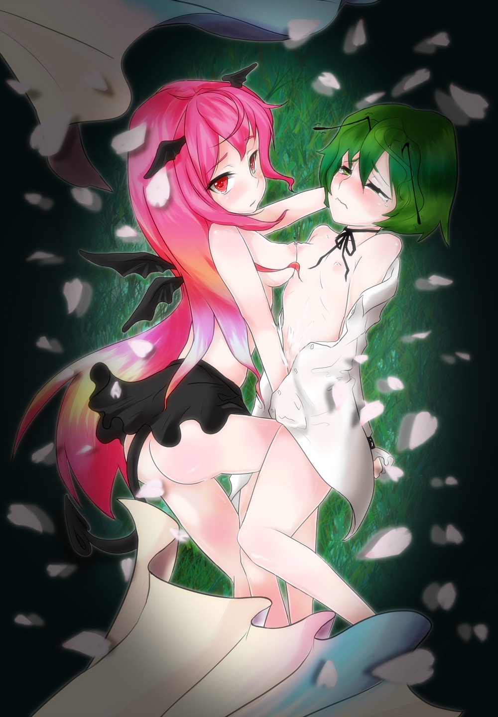 antennae asa_yuki asymmetrical_docking bat_wings blush breast_press breasts demon female female_only green_eyes green_hair head_wings headwings highres koakuma long_hair looking_at_viewer multiple_females multiple_girls nipples no_visible_genitalia red_eyes red_hair rule34 short_hair succubus tail tears the_embodiment_of_scarlet_devil touhou wings wriggle_nightbug yuri