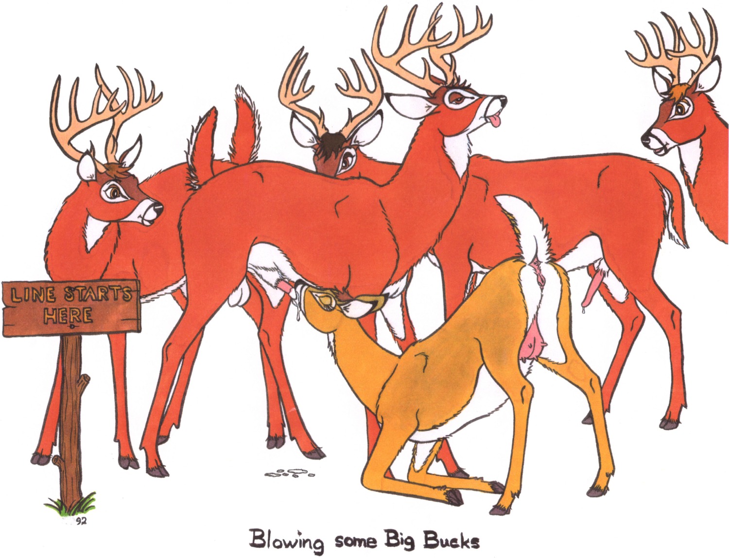 animal_genitalia animal_penis animal_vulva antlers ass_up being_watched bodily_fluids brown_body brown_eyes brown_fur cervine_genitalia cervine_penis cervine_vulva cum cum_drip cum_in_mouth cum_inside cum_pool deer dripping e621 ears_back english_text erection eyes_closed fellatio female feral feral_on_feral fur genital_fluids genitals group group_sex hi_res hooves horn looking_at_another male male/female mammal multicolored_body multicolored_fur new_world_deer oral oral_penetration penetration penile penis pivoted_ears precum public public_use quadruped queue red_body red_fur sex sign simple_background smile teats text tim_o'rourke tongue tongue_out traditional_media_(artwork) two_tone_body two_tone_fur udders voyeur vulva warm_colors white-tailed_deer white_background white_body white_fur