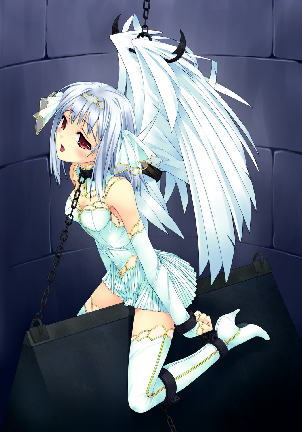 blush bondage breasts chains female medium_breasts piercing rule34 skirt tears thighhighs torture wings wooden_horse