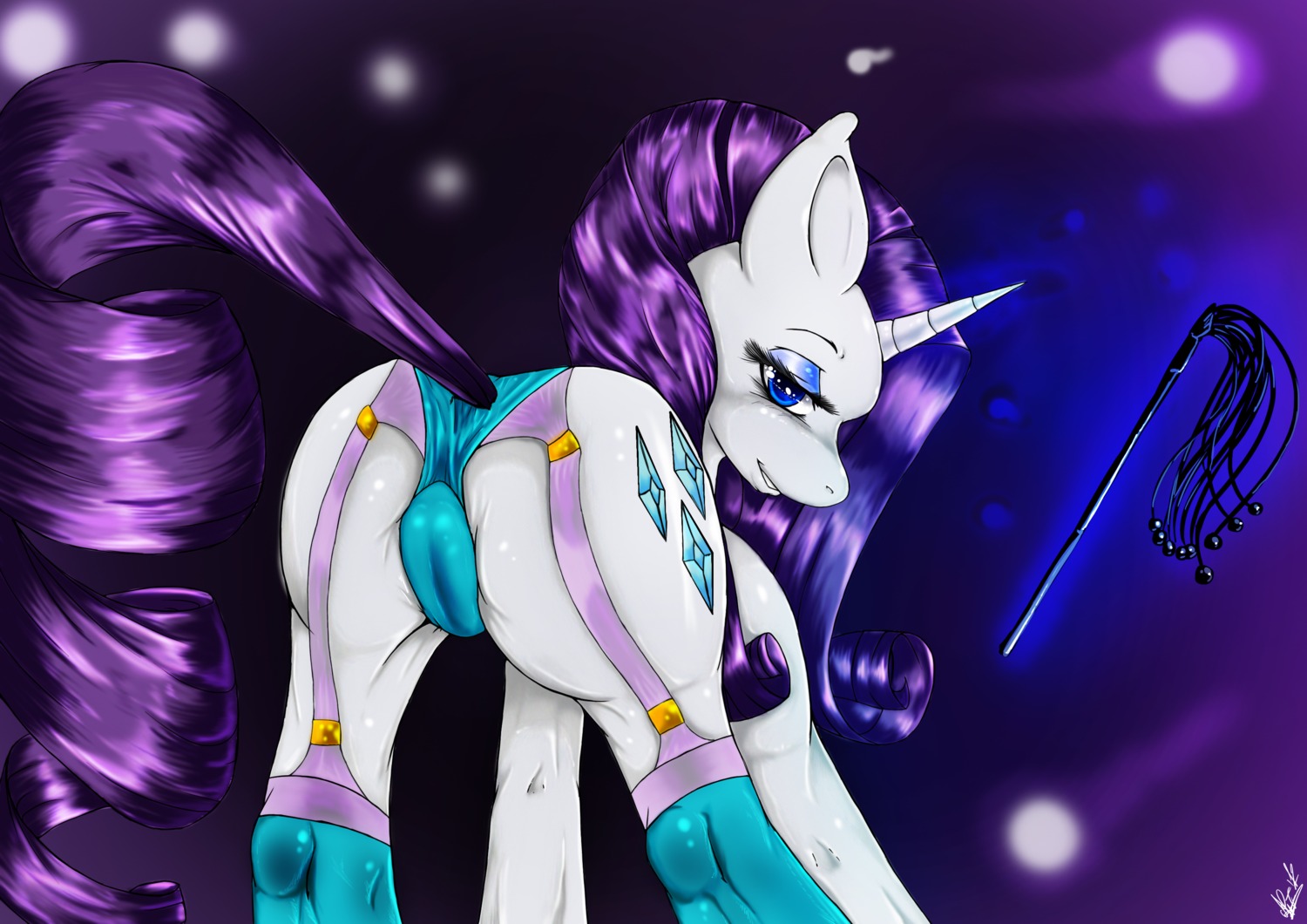 2012 abstract_background absurd_res blue_eyes blue_eyeshadow butt camel_toe clothing curly_hair cutie_mark e621 equid equine eyeshadow female feral friendship_is_magic fur garter_belt garter_straps hair hasbro hi_res horn legwear looking_at_viewer looking_back magic makeup mammal my_little_pony mythological_creature mythological_equine mythology noideasfornicknames panties presenting presenting_hindquarters purple_hair rarity_(mlp) simple_background solo spread_legs spreading stockings teeth underwear unicorn whip white_body white_fur