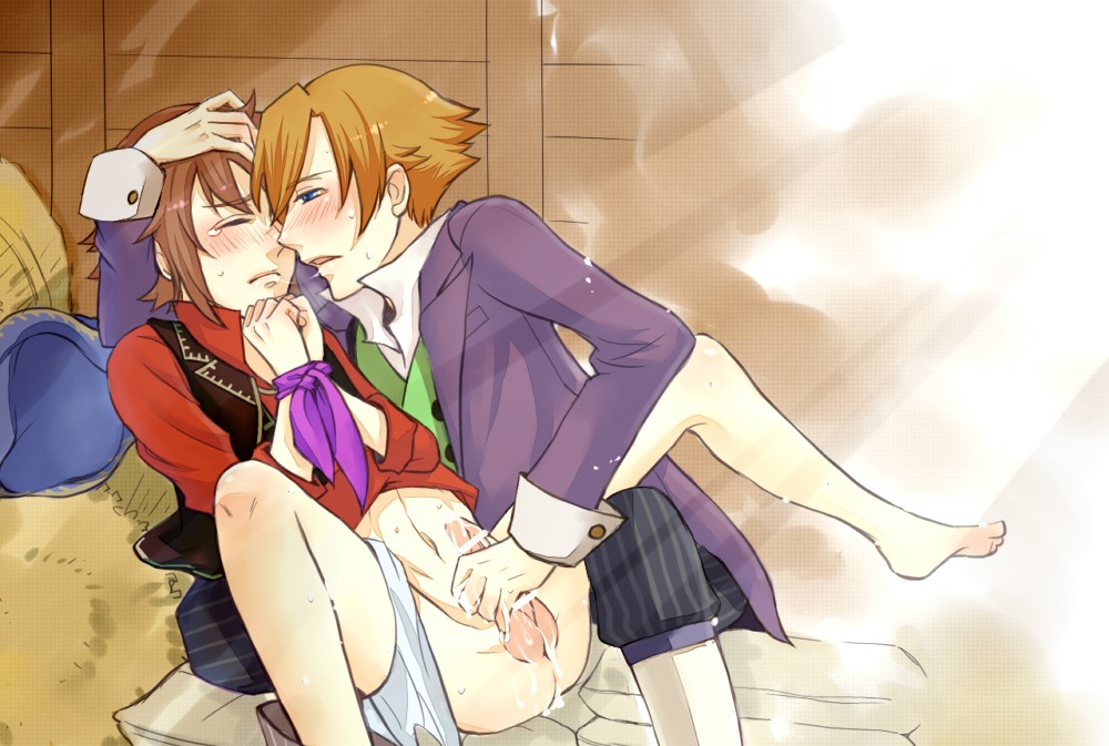 blush bound_wrists cuffed_wrists handjob hansel_(harvest_moon) harvest_moon harvest_moon:_grand_bazaar hay ivan_(harvest_moon) male partially_clothed rule34 sweat tagme yaoi