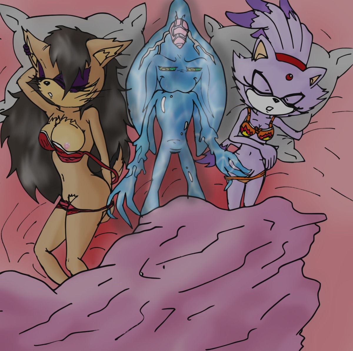 anthro archie_comics bed blaze_the_cat bra breasts cat chaos_(sonic) clothes domestic_cat feline female fingering fur furry interspecies lying lynx multiple_females nicole_the_lynx nipples nude on_back panties raianonzika rule34 sega sonic_(series) sonic_the_hedgehog_(archie) sonic_the_hedgehog_(comics) sonic_the_hedgehog_(series) strap_slip tagme underwear