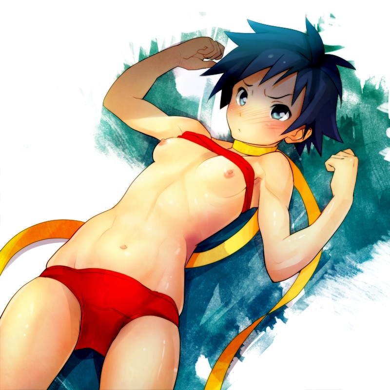 1girls anshinmama aqua_eyes bandeau bikini black_hair blush breasts capcom choker embarrassed female female_only from_above human lying makoto_(street_fighter) muscles navel nipples on_back ribbon rule34 shiny_skin shirt_lift short_hair solo spiked_hair straight_hair street_fighter street_fighter_iii street_fighter_iii:_3rd_strike swimsuit tomboy top_lift tubetop very_short_hair