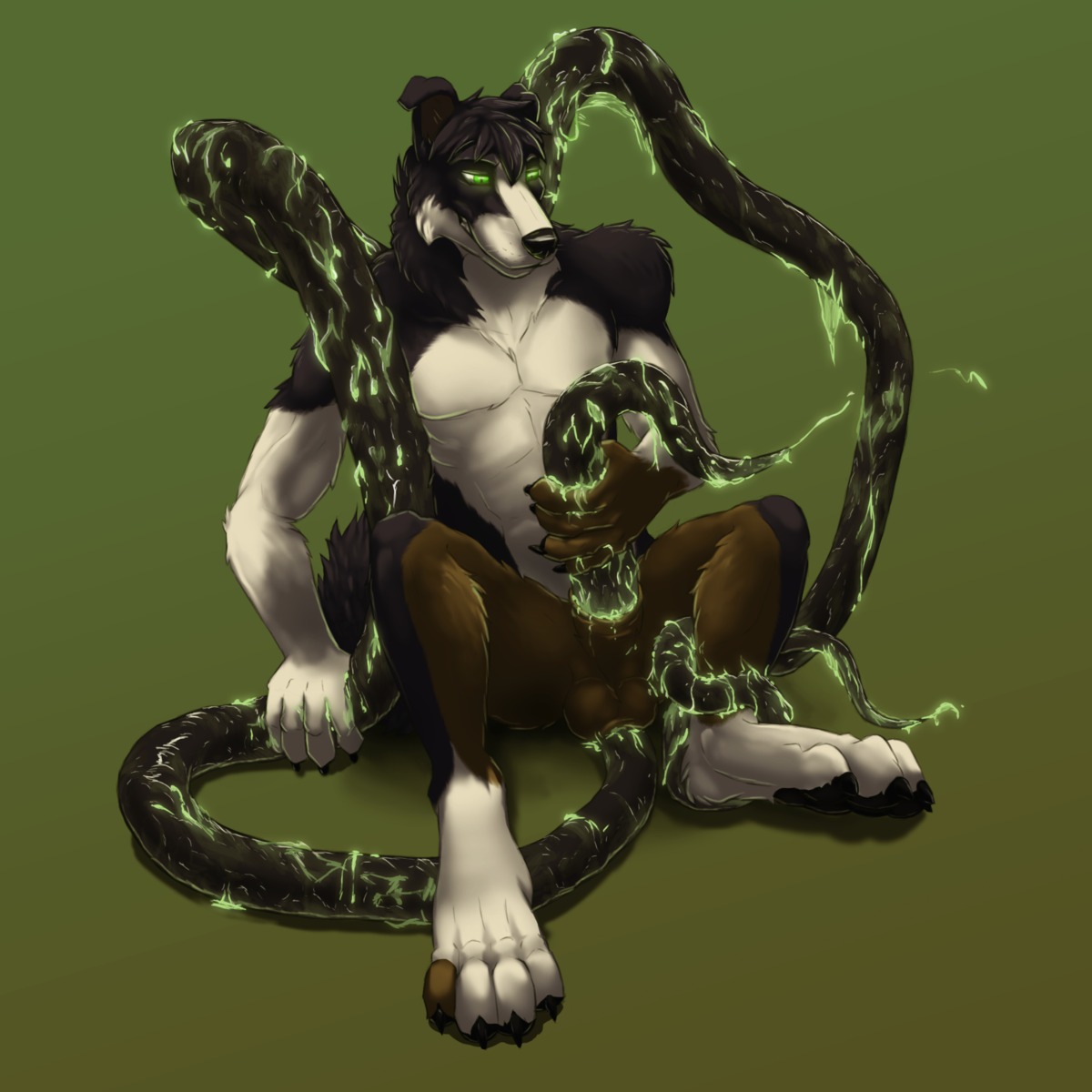 1:1 animal_genitalia anthro balls bodily_fluids canid canine canis claws crotch_tentacles domestic_dog e621 erection genital_fluids genitals green_eyes hi_res male mammal neox nude penis precum sheath simple_background slime solo tentacles virtyalfobo what_has_science_done
