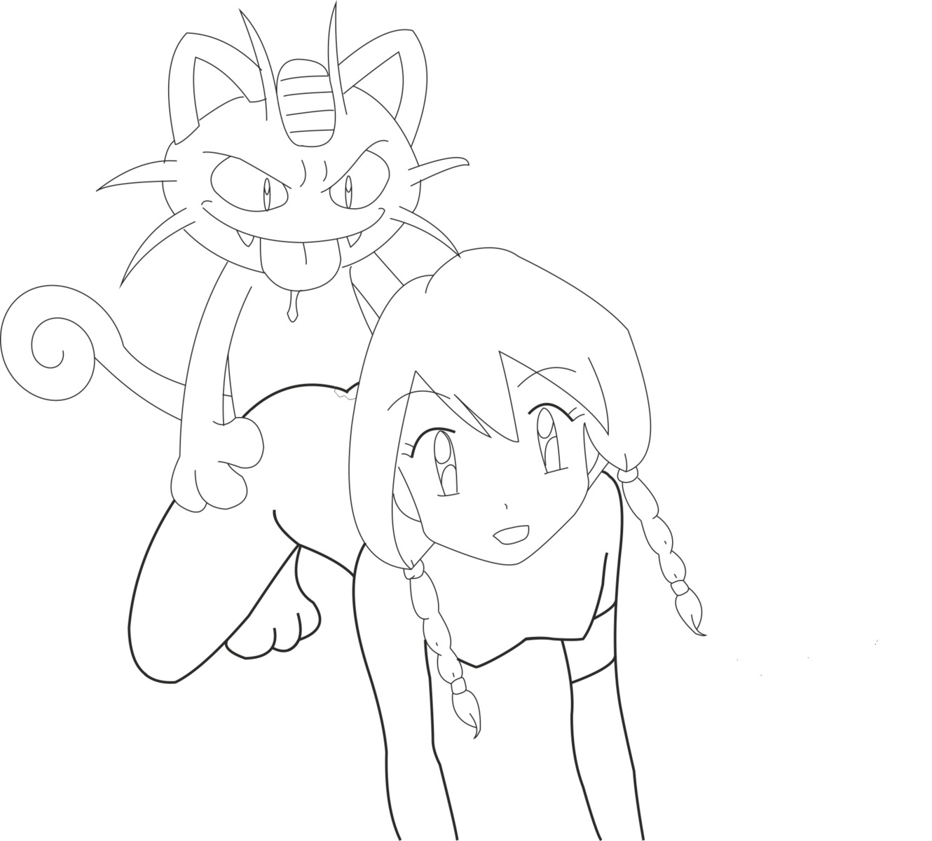 doggy_style female fur furry human interspecies line_art male may_(pokemon) meowth monochrome pokemon pokephilia rule34