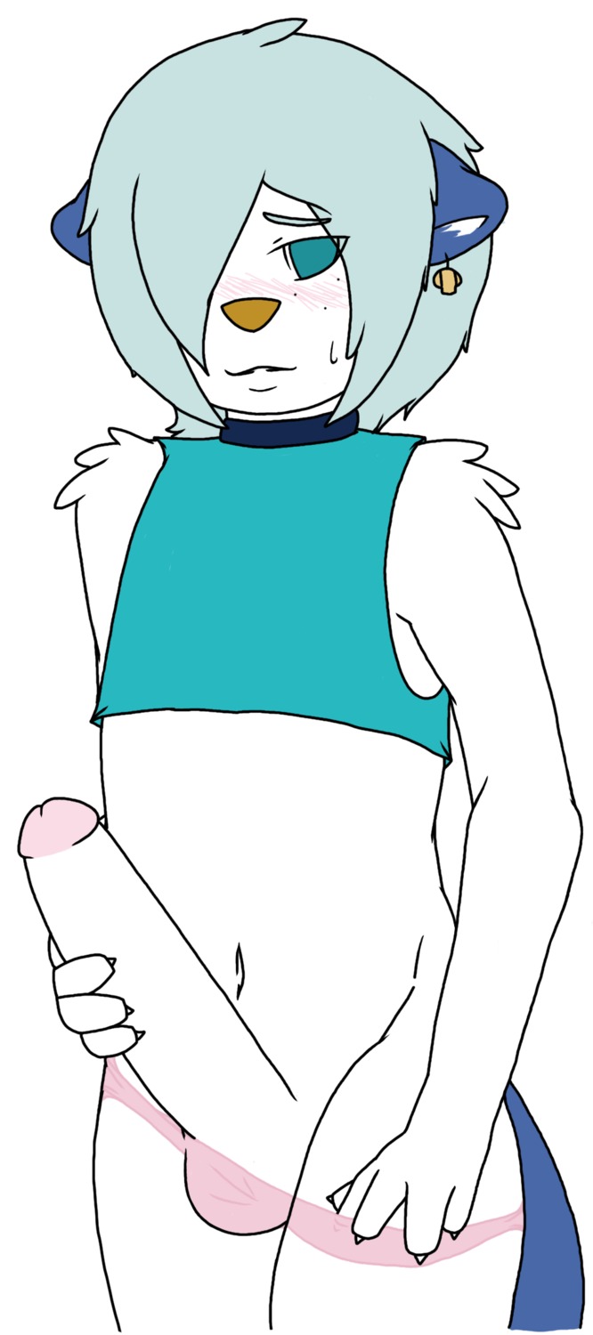 anthro balls biped blush bodily_fluids choker claws clothed clothing daniruu e621 ear_piercing erection femboy generation_5_pokemon genitals hair hi_res humanoid_genitalia humanoid_penis jewelry male masturbation navel necklace nintendo oshawott penile penile_masturbation penis piercing pokemon pokemon_(species) pokemorph shell shirt short_hair shy simple_background skimpy smile solo sweat sweatdrop topwear underwear white_background