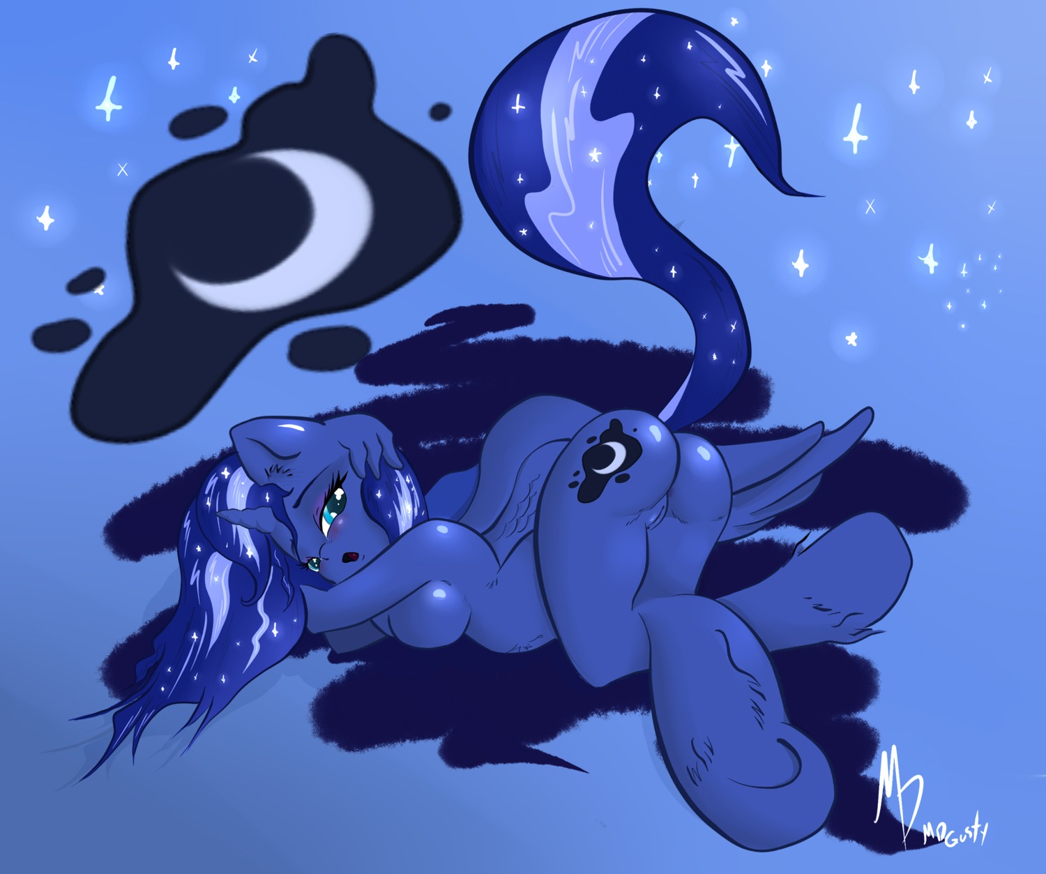 2014 abstract_background anthro anthrofied blue_body blue_eyes blue_feathers blue_fur blue_hair blush breasts butt cutie_mark digital_media_(artwork) e621 equid equine feathered_wings feathers female friendship_is_magic fur genitals hair hasbro hi_res horn long_hair looking_at_viewer mammal mdgusty my_little_pony mythological_creature mythological_equine mythology navel nude open_mouth princess_luna_(mlp) simple_background solo vulva winged_unicorn wings