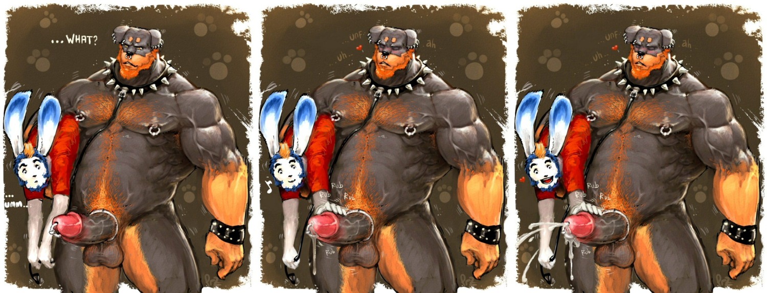 abs accessory animal_genitalia anthro anthro_on_anthro armpit_hair balls barbell_piercing beard belly_hair biceps big_muscles big_penis bodily_fluids body_hair bracelet canid canine canis chest_hair circular_barbell_piercing cock_ring collar cuff_(restraint) cum cumshot dialogue domestic_dog dripping duo e621 ear_piercing ear_ring ears_up ejaculation english_text erection eyebrow_barbell eyebrow_piercing eyebrows eyes_closed facial_hair facial_piercing floppy_ears fur genital_fluids genital_piercing genitals goatee grisser_(character) hair handjob happy_trail heart_symbol hi_res humanoid_genitalia humanoid_penis interspecies jewelry lagomorph larger_male leash leporid long_ears male male/male mammal mastiff molosser multiple_piercings musclegut muscular muscular_male muscular_sub nipple_piercing nipple_ring nipples nose_piercing nose_ring nude orange_hair orgasm pecs penile penis penis_accessory penis_jewelry penis_piercing piercing pockyrumz prince_albert_piercing pubes rabbit raised_eyebrow restraints ring_piercing rottweiler scout_(scoutpup) septum_circular_barbell septum_piercing sex size_difference slightly_chubby smaller_male spiked_collar spikes standing submissive text vein veiny_penis wrist_cuffs