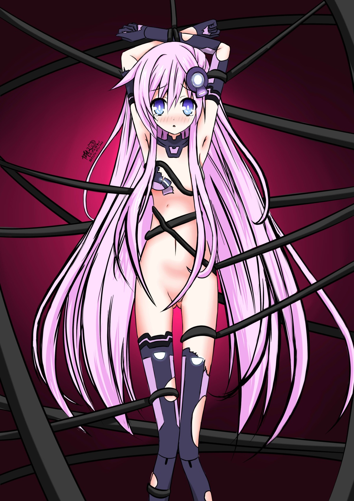 1girls arms_up blue_eyes blush bondage breasts clothing female female_only long_hair nepgear neptunia_(series) open_mouth pink_hair purple_sister rule34 solo tears thighhighs torn_clothes