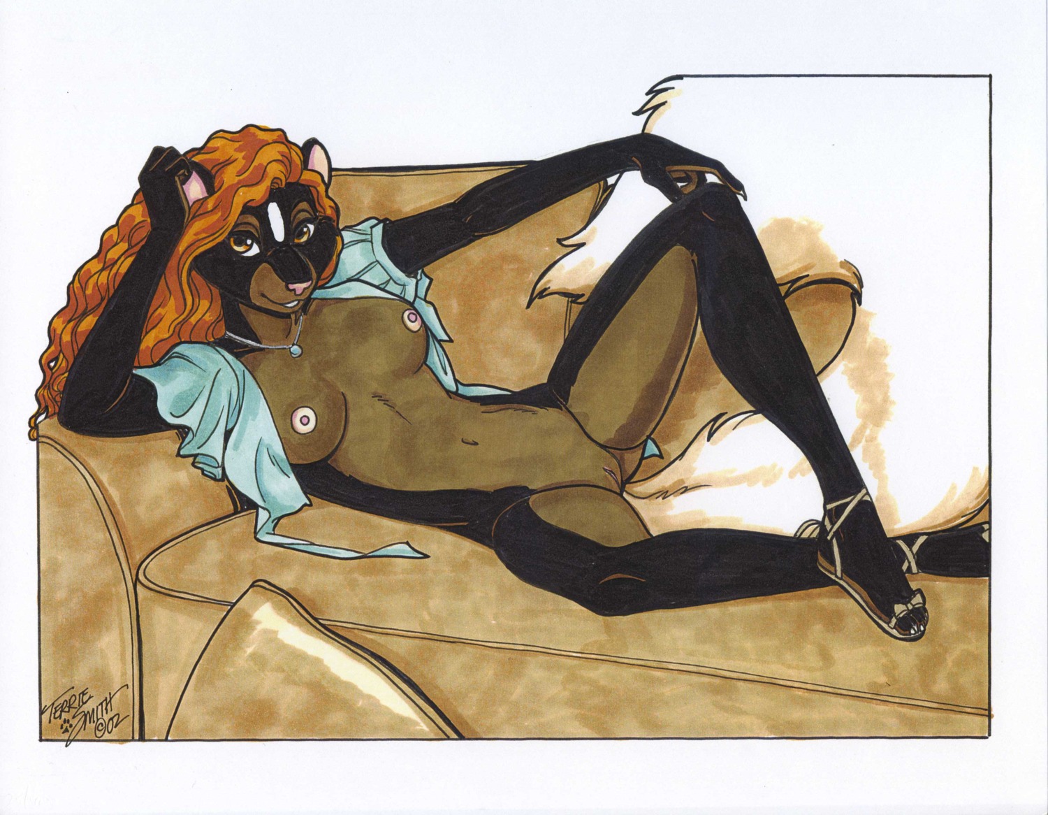 2002 anthro black_fur breasts brown_fur female fur furry high_resolution nipples nude pussy rule34 skunk sofa solo terrie_smith white_fur