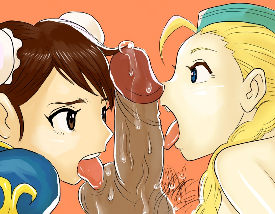1boy 2girls blonde_hair blue_eyes brown_eyes brown_hair cammy_white capcom chun-li collaborative_fellatio dark-skinned_male dark_skin double_bun fellatio female hair human interracial licking male multiple_females multiple_girls oral penis precum pubic_hair rule34 saliva straight street_fighter teamwork threesome tongue uncensored