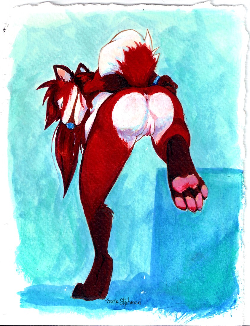 anthro anus ball_gag bdsm bent_over bondage bound butt canid canine e621 feet female fox gag gagged genitals hindpaw mammal nude paws solo soraslipheed submissive submissive_female tail vulva