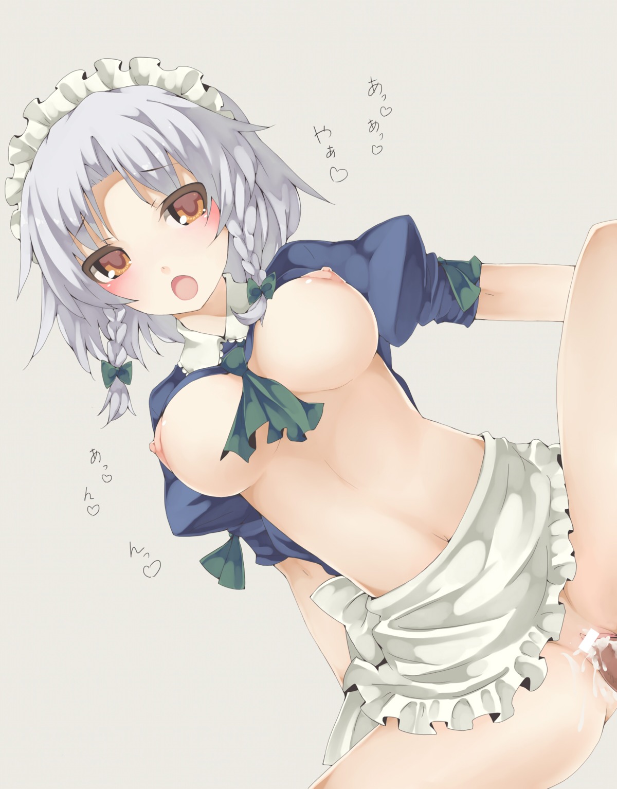 1girls arutoria blush bottomless braid breasts censored cum cum_inside female highres maid maid_headdress midriff navel nipples open_mouth orange_eyes rule34 sakuya_izayoi sex silver_hair solo touhou twin_braids