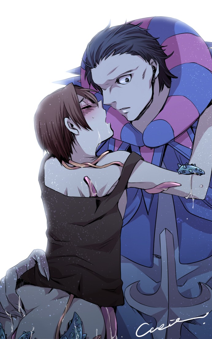 ass ass_grab blush caster_(fate/zero) fate/zero fate_(series) female gilles_de_rais_(fate) male male_only rule34 ryuunosuke_uryuu tentacle tentacles wet_clothes yaoi