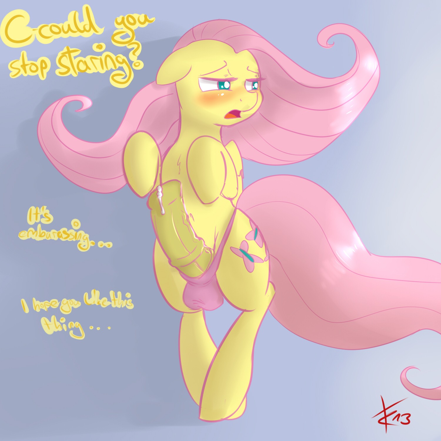 1:1 2013 animal_genitalia animal_penis balls balls_in_underwear blush bodily_fluids clothing crade cum cutie_mark dialogue duo e621 english_text equid equine equine_genitalia equine_penis erection feathered_wings feathers feral fluttershy_(mlp) friendship_is_magic fur genital_fluids genitals green_eyes gynomorph hair half-closed_eyes hasbro hi_res intersex long_hair mammal my_little_pony mythological_creature mythological_equine mythology narrowed_eyes panties pegasus penis pink_hair solo text underwear wings yellow_body yellow_feathers yellow_fur
