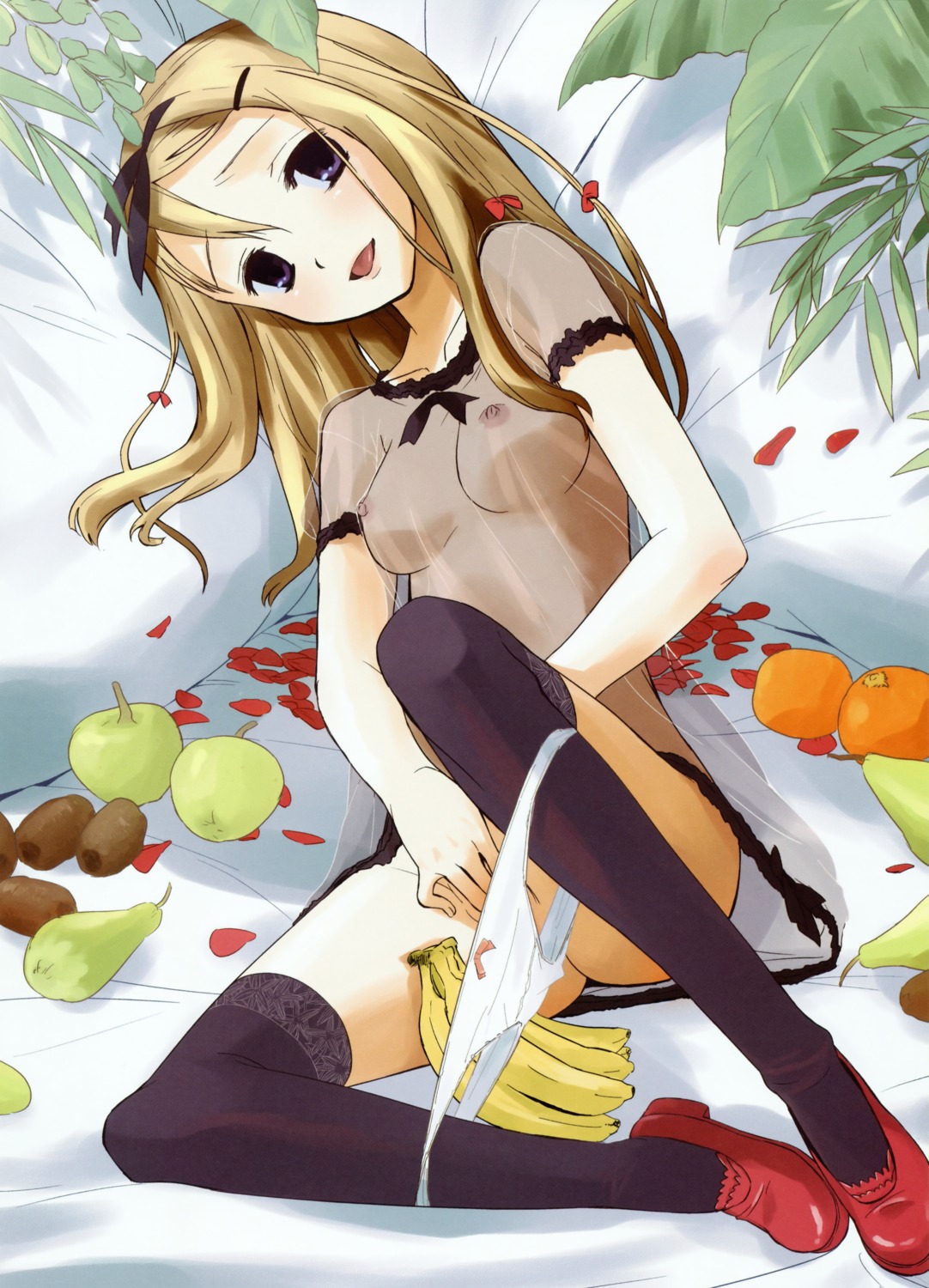 1girls apple areolae banana breasts collarbone female kiwifruit lingerie masturbation medium_breasts nipples oranges panties panty_pull pears petals plant ponz rule34 see-through sheer tagme thighhighs