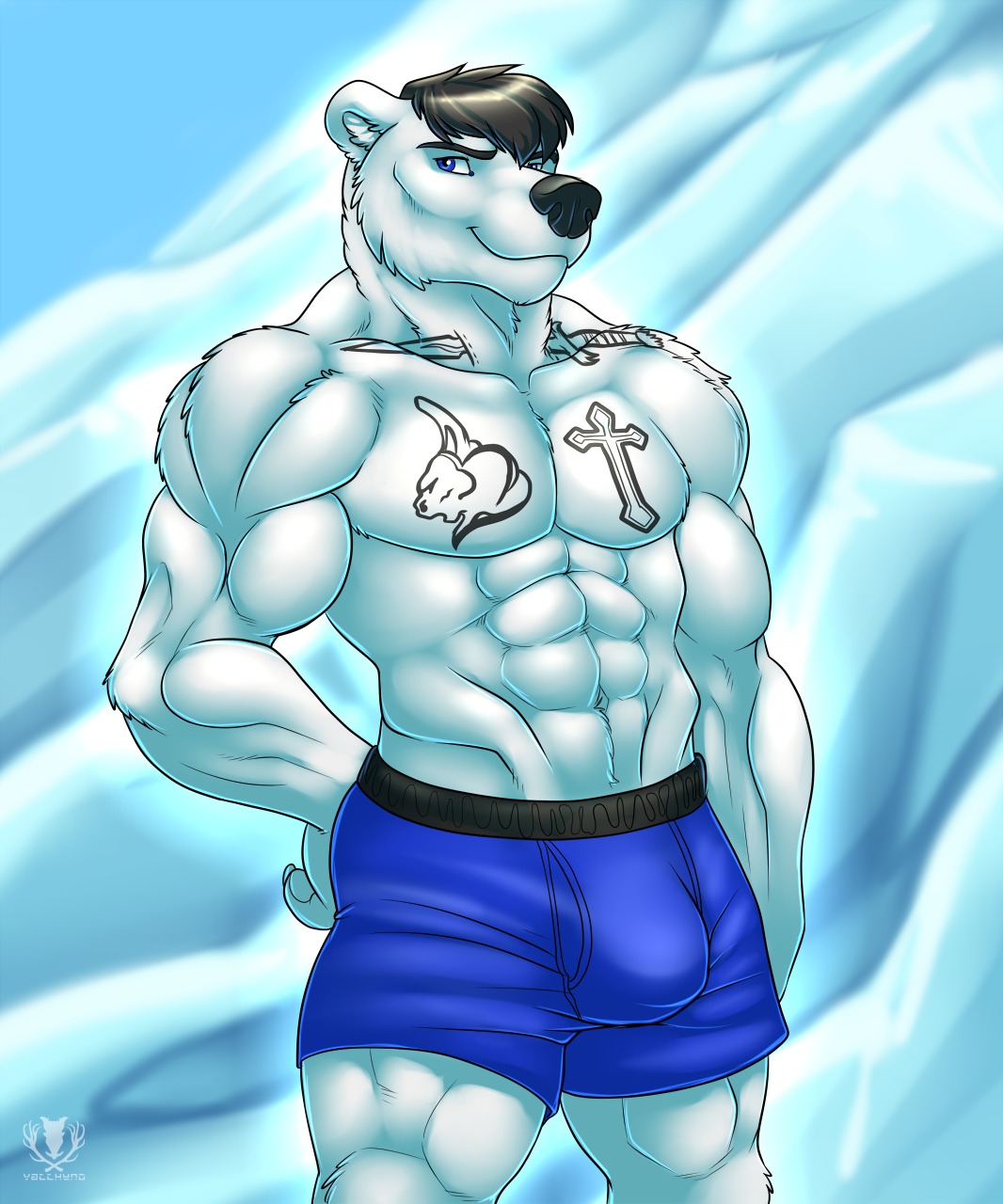 2014 abs anthro athletic bear biceps big_muscles biped black_hair black_nose blue_clothing blue_eyes blue_underwear bottomwear boxer_briefs bulge clothed clothing digital_media_(artwork) e621 fur grin hair hi_res male mammal muscular muscular_anthro muscular_male pecs polar_bear portrait pose presenting shorts simple_background smile solo standing tattoo three-quarter_portrait topless underwear ursine vallhound white_body white_fur