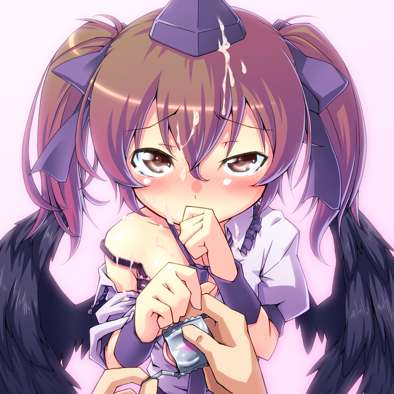 blush bra breasts brown_eyes brown_hair bust condom condom_wrapper covering_mouth cum cum_on_hair dress_shirt facial female hair_ribbon hand_over_own_mouth hat hatate_himekaidou highres lingerie off_shoulder red_(artist) ribbon rule34 shirt solo strap_slip tear tied_hair tokin_hat touhou twintails underwear wings