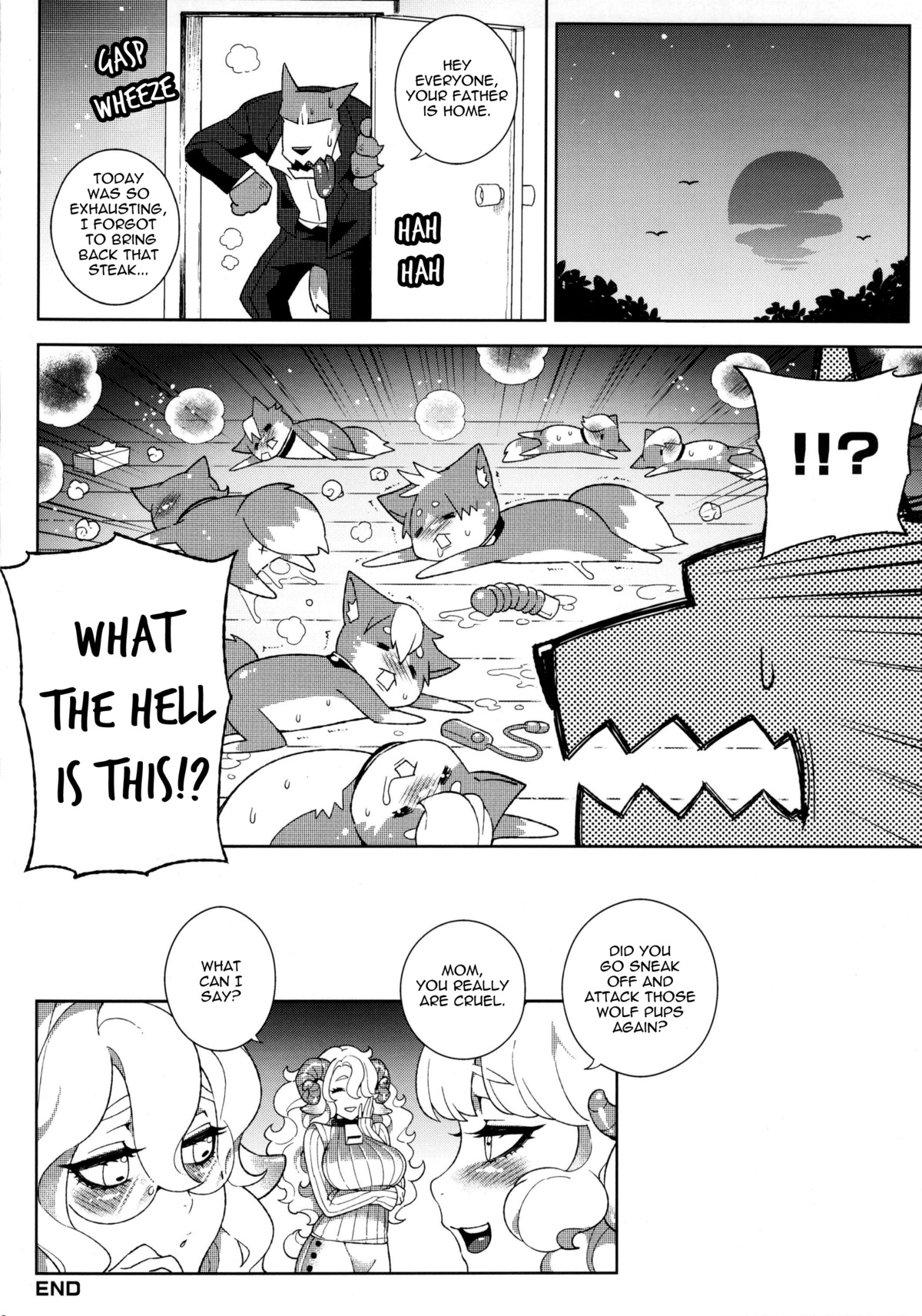 absurd_res anthro bell big_bad_wolf big_breasts bodily_fluids bovid breasts canid canine canis caprine clothing collar comic dialogue dildo dress e621 english_text exclamation_point fairy_tales female fishine goat greyscale hi_res horizontal_pupils interrobang interspecies mammal monochrome predator/prey pupils question_mark revenge sex_toy text the_wolf_and_the_seven_little_goats wolf young young_anthro