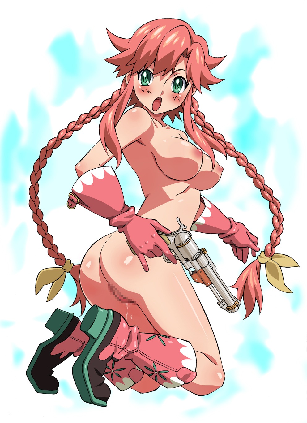 ass blush breasts casual censored exposed_torso female firearm footwear gun handgun handwear highres human large_breasts mokke nipples pale_skin pussy rebecca_streisand revolver rule34 weapon white_background wild_arms wild_arms_5