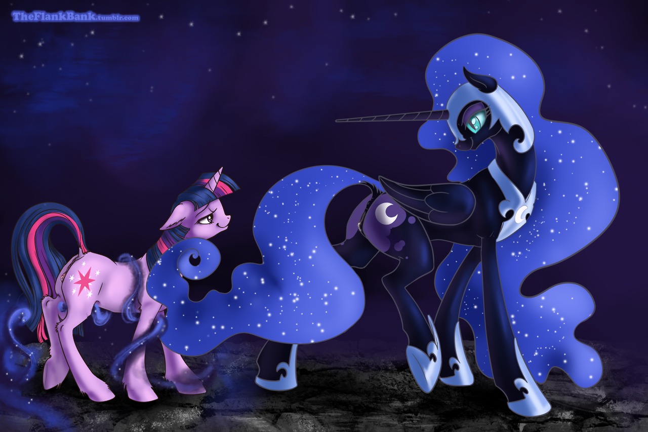 2014 anus black_body black_feathers black_fur blue_hair bodily_fluids butt cutie_mark dock_(anatomy) duo e621 equid equine feathered_wings feathers female feral friendship_is_magic fur genital_fluids genitals hair half-closed_eyes hasbro horn long_hair mammal multicolored_hair my_little_pony mythological_creature mythological_equine mythology narrowed_eyes nightmare_moon_(mlp) pupils purple_body purple_eyes purple_fur purple_hair seductive slit_pupils smile source_request tail teal_eyes theflankbank twilight_sparkle_(mlp) two_tone_hair unicorn vaginal_fluids vulva winged_unicorn wings