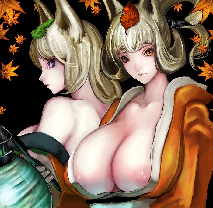 animal_ears asanuma blue_eyes breasts cleavage female fox_ears huge_breasts japanese_clothes kongiku looking_at_viewer looking_back muramasa_the_demon_blade nipple_slip nipples rule34 yukata yuzuruha