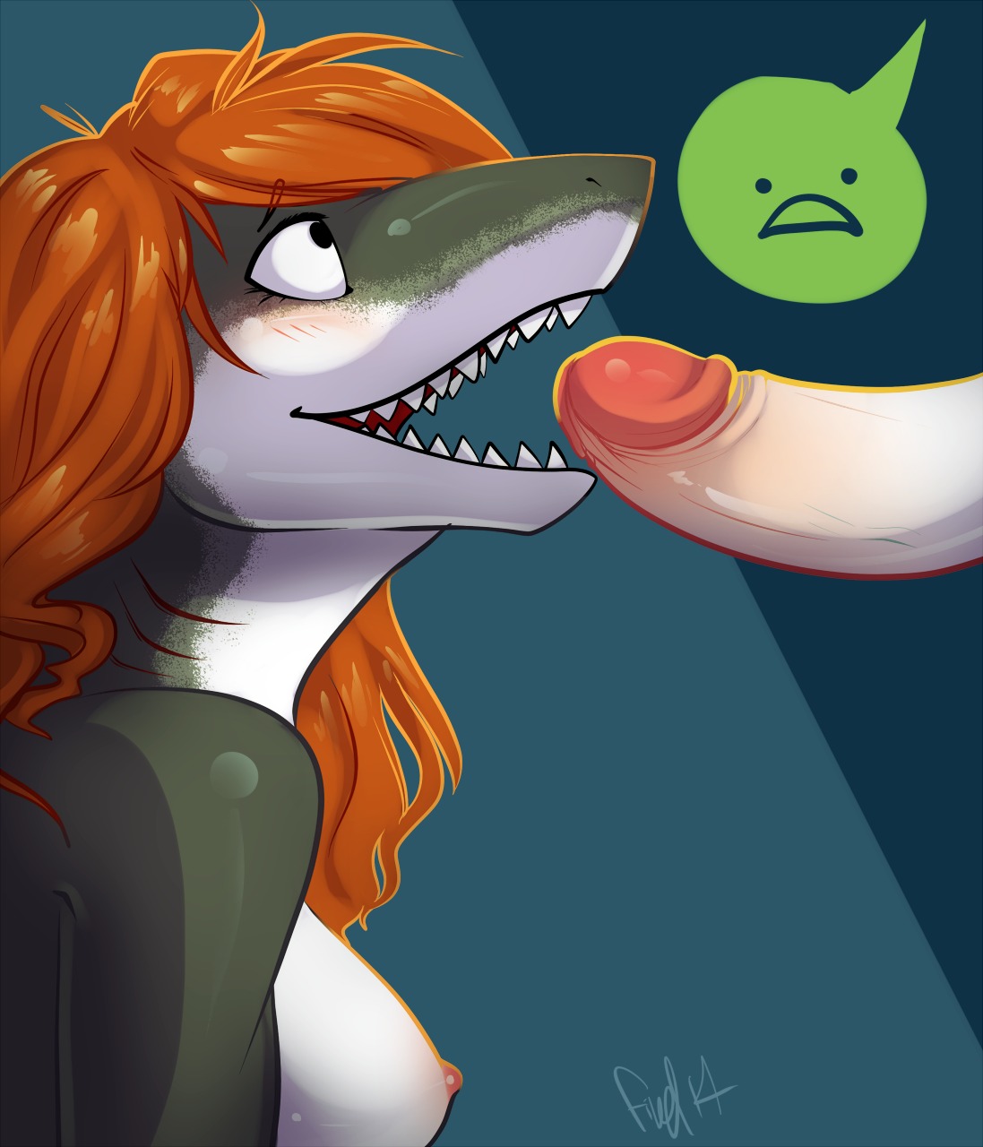 2014 anthro aquatic areola blush breasts d: digital_media_(artwork) duo e621 erection fangs female fish fivel frowney_face genital_danger_play genitals gills glans hair hi_res human human_on_anthro humanoid_genitalia humanoid_penis humor imminent_oral interspecies lol_comments long_hair male male/female mammal nipples non-mammal_breasts non-mammal_nipples nude open_mouth oral orange_hair penis penis_bite regret shark sharp_teeth side_boob side_view signature smile teeth