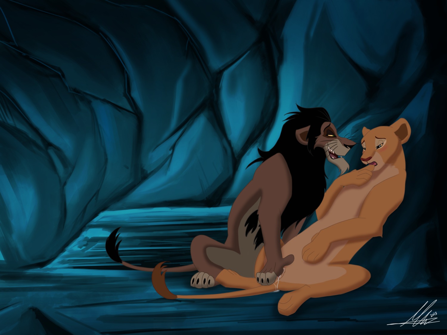 2013 4:3 blush bodily_fluids brown_body brown_fur cave disney dksk30 duo e621 felid female female_feral feral fingering fur genital_fluids genitals green_eyes grin half-closed_eyes hi_res imminent_sex leaning lion male male/female male_feral mammal nala_(the_lion_king) narrowed_eyes open_mouth pantherine scar scar_(the_lion_king) sitting smile tan_body tan_fur the_lion_king tongue vaginal vaginal_fingering vaginal_fluids vulva
