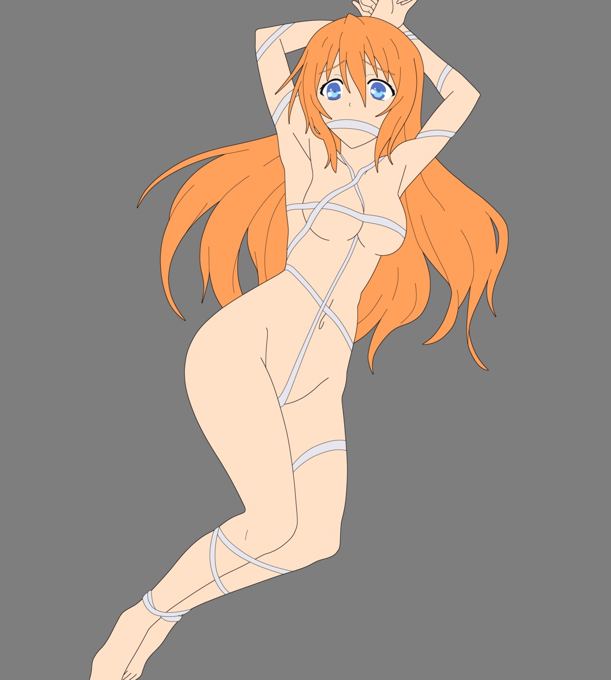 1girls blue_eyes bondage busakumas female gag highres konoe_subaru legs long_hair mayo_chiki! nude orange_hair photoshop rule34 solo subaru_konoe thighs vector_trace