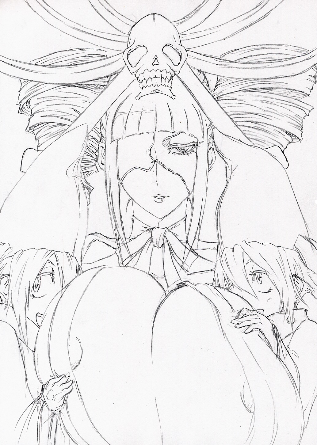 areolae artist_request bleach breast_squeeze breasts bursting_breasts cleavage drill_hair eye_patch female hand_drawn highres huge_breasts japanese_clothes katen_kyoukotsu katen_kyoukotsu_(oiran) monochrome personification rule34 sketch skull sougyo_no_kotowari traditional_media yagyuu zanpakutou_spirit