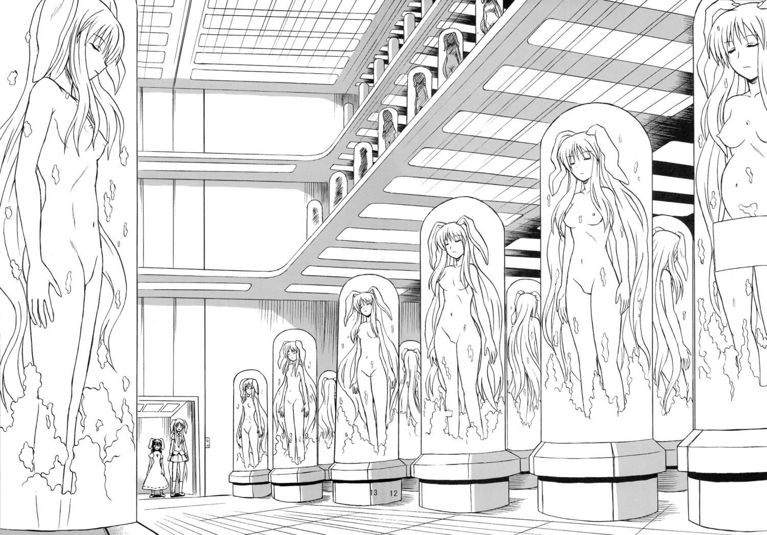 13girls 6+girls breasts bunny bunny_girl clone clones female in_container male monochrome multiple_boys multiple_females multiple_girls multiple_males nipples reisen_udongein_inaba rule34 science stasis_chamber stasis_tank tank technology test_tube touhou tube
