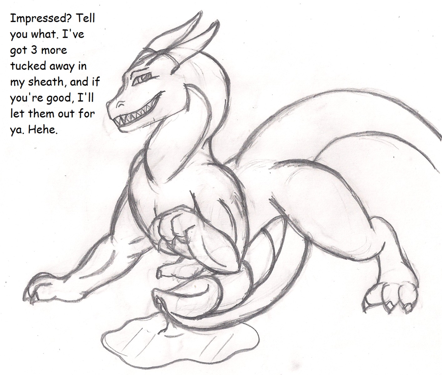 2014 big_penis black_and_white comic_sans dragon dragon-heart e621 english_text erection feral genitals hi_res huge_penis hyper hyper_genitalia hyper_penis leaking looking_at_viewer magnum_(dragon-heart) male messy monochrome mythological_creature mythological_scalie mythology nude penis scalie smile solo tail text traditional_media_(artwork)