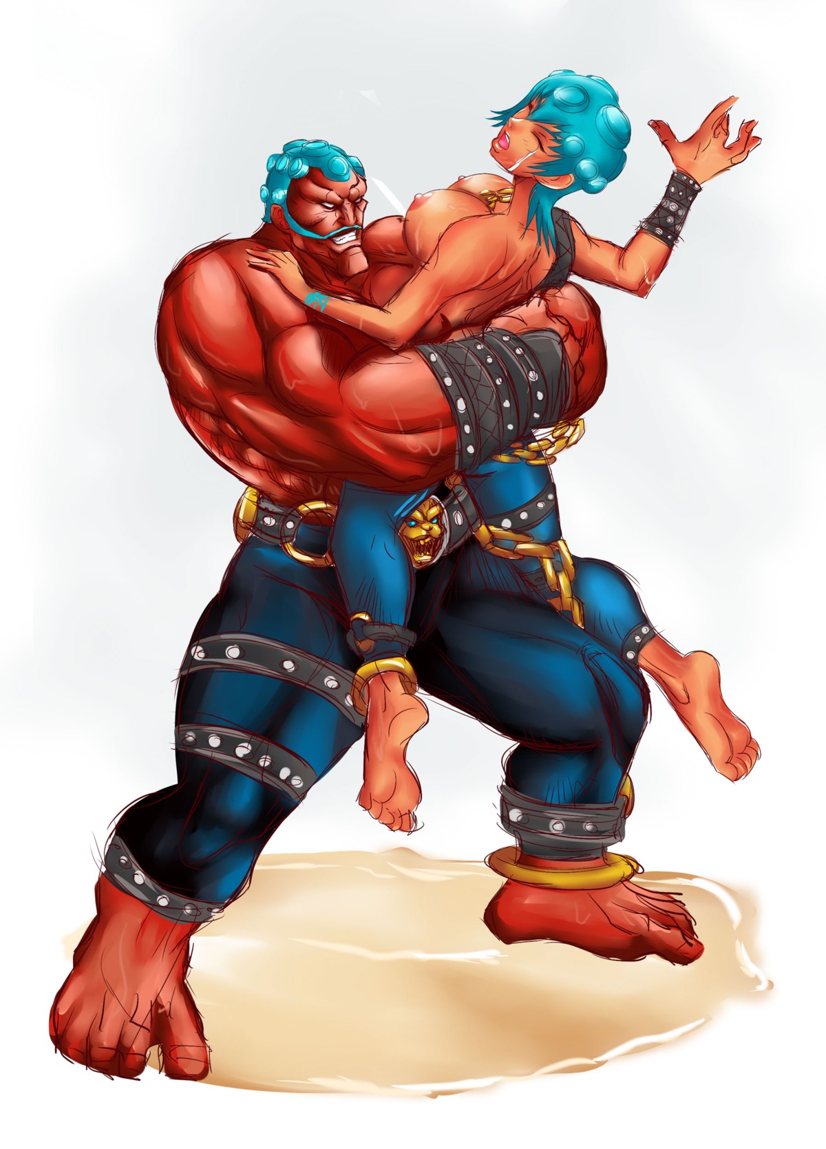 barefoot bear_hug bearhug bracelet breasts capcom carrying chain closed_eyes clothes color cyan_hair facial_hair female hair hakan hugging male moustache muscles nipples orange_skin red_skin round_ears rule34 rule_63 short_hair size_difference standing straight_hair street_fighter tear topless white_background