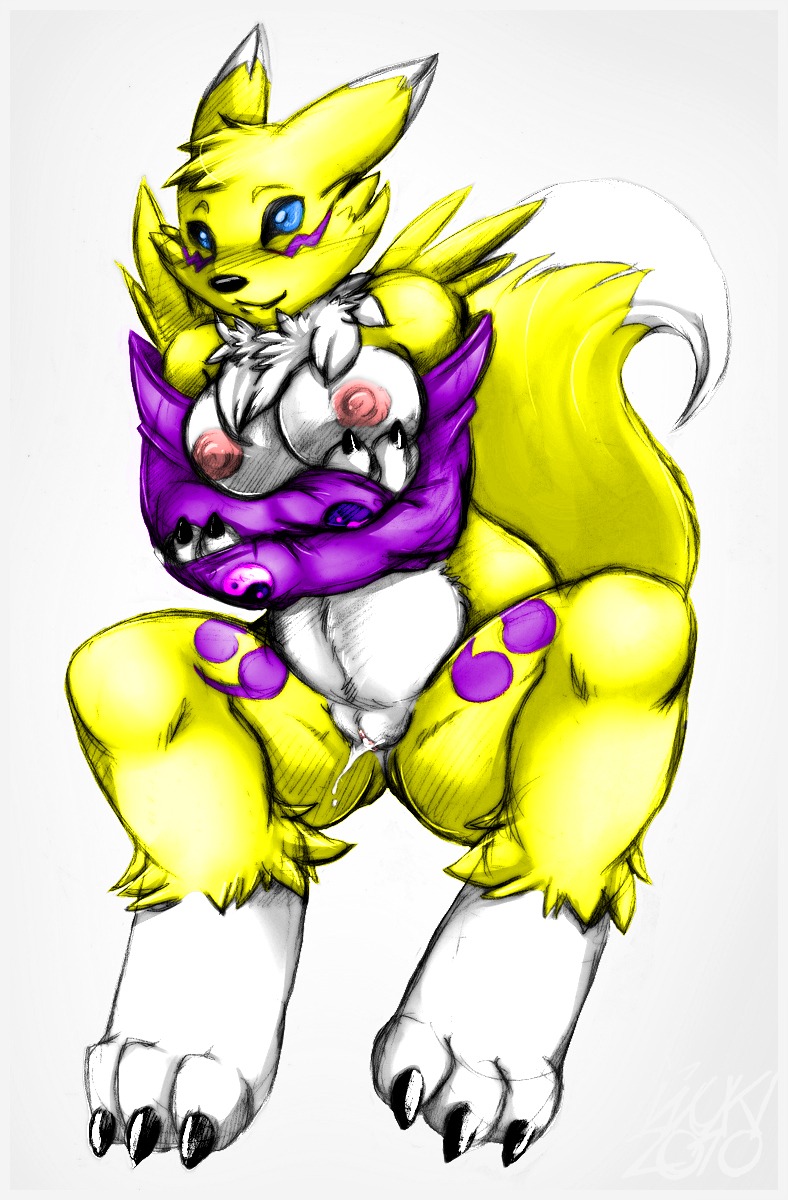 anthro breasts canine color digimon digimon_(species) female female_only fox front_view fur furry inuki nude pussy pussy_juice rek renamon rule34 solo tagme vulva