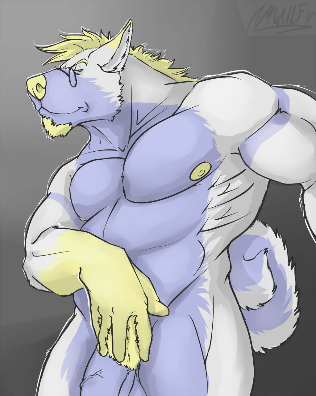 4:5 ammy amwulf anthro biceps big_muscles canid canine canis e621 eyewear flaccid genitals hi_res looking_at_viewer male mammal muscular muscular_anthro muscular_male nipples nude penis pubes solo tail vein wolf