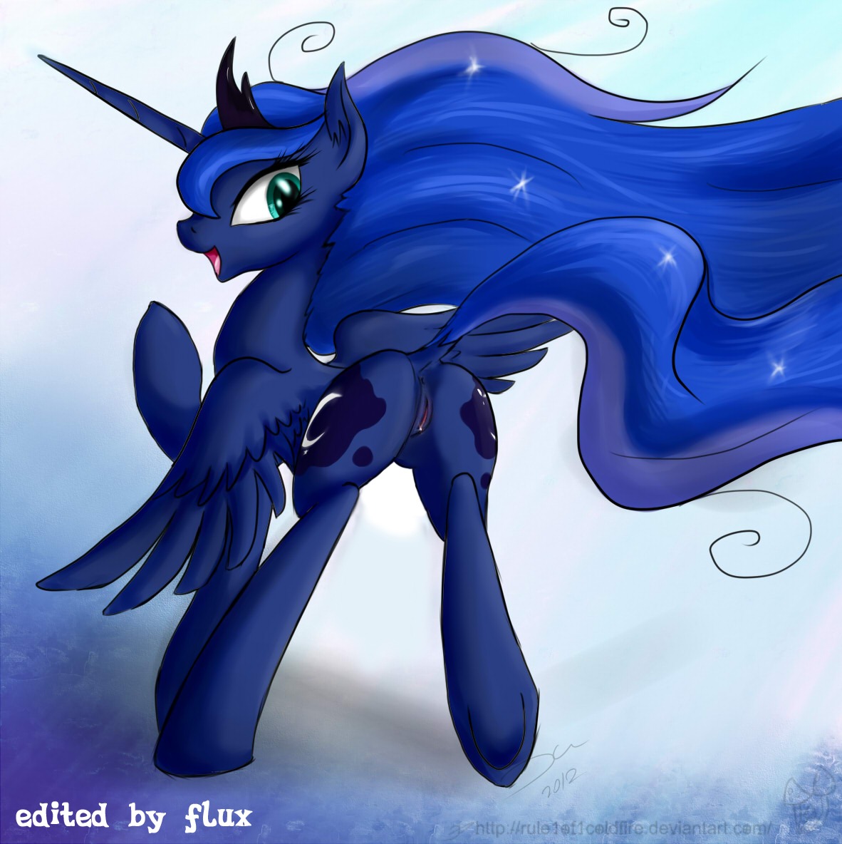 2012 anus blue_background blue_body blue_eyes blue_feathers blue_fur blue_hair blue_horn blue_tail blue_theme butt crown cutie_mark e621 english_text equid equine eyelashes feathered_wings feathers female feral fluffy fluffy_tail friendship_is_magic fur genitals gradient_background hair hasbro headgear hooves horn long_hair looking_at_viewer looking_back mammal my_little_pony mythological_creature mythological_equine mythology nude open_mouth pink_tongue presenting presenting_hindquarters princess_luna_(mlp) rule1of1coldfire signature simple_background smile solo standing tail text tongue vulva winged_unicorn wings