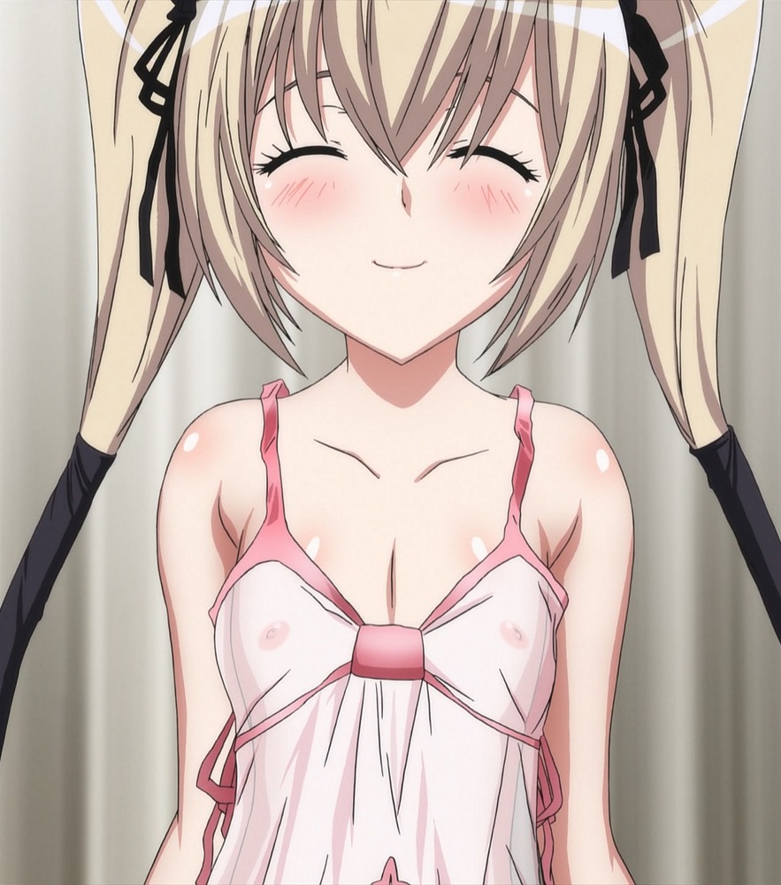 bare_shoulders blonde_hair blush closed_eyes ekaterina_kurae female flat_chest hoods_entertainment lingerie nipples pointy_chin rule34 screencap see-through seikon_no_qwaser smile solo stitched underwear young