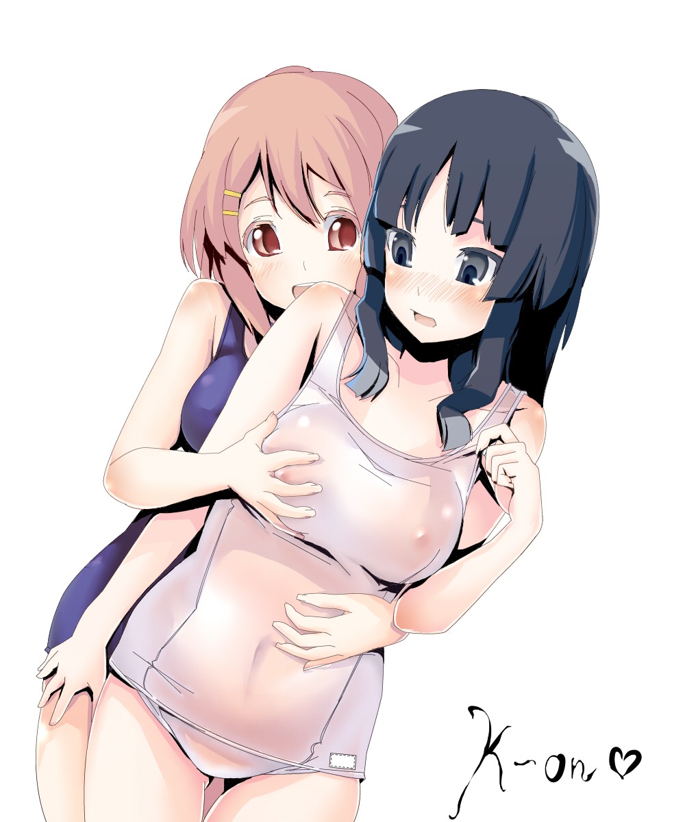 bangs black_eyes black_hair blunt_bangs blush breast_grab breasts brown_eyes brown_hair dark_hair dateya_torahachi female female_only highres hime_cut human human_only k-on! mio_akiyama_(k-on!) mokujinn multiple_females multiple_girls nipples one-piece_swimsuit rule34 school_swimsuit smile swimsuit white_school_swimsuit yui_hirasawa_(k-on!)