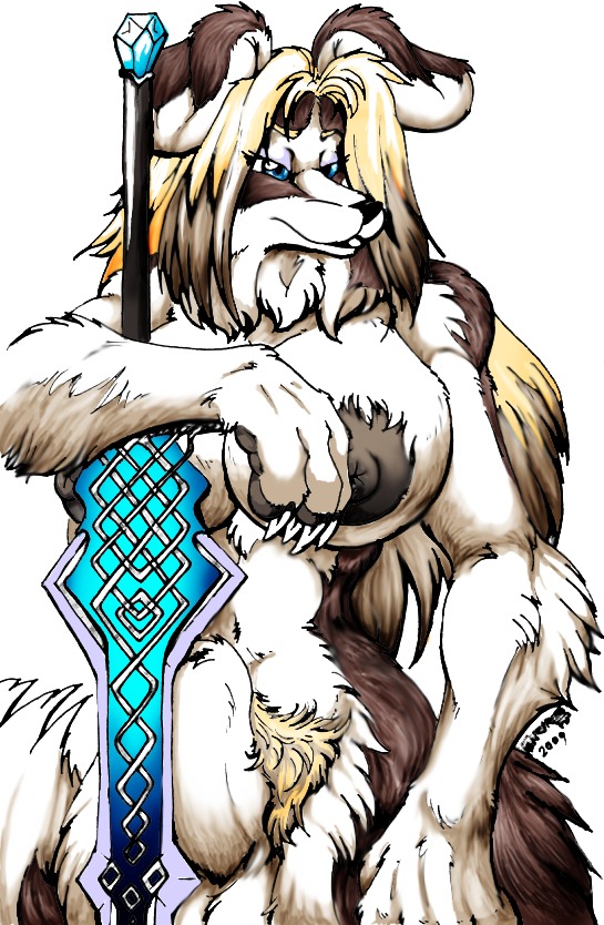 animal_genitalia anthro balls big_breasts big_sheath breasts canid canine canis celtic_knot domestic_dog e621 fenrir_lunaris fully_sheathed genitals gynomorph intersex lips mammal melee_weapon nipples ornate pubes sheath solo sword tail weapon