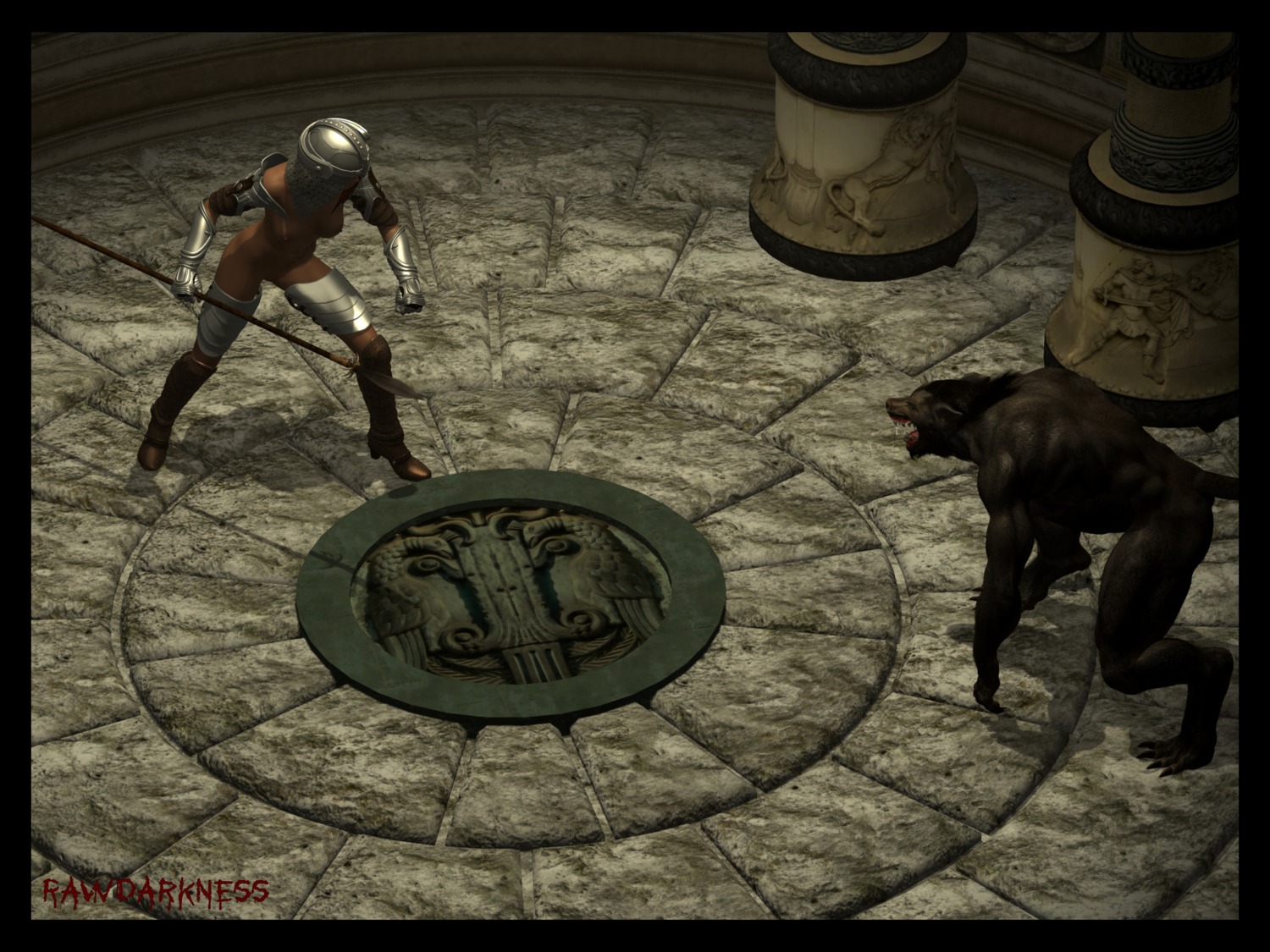 2010 3d_(artwork) 4:3 armor black_border border breasts canid canine canis digital_media_(artwork) duo e621 female hi_res human male mammal mostly_nude mythological_canine mythological_creature mythology nipples nude rawdarkness unconvincing_armor werecanid werecanine werecreature werewolf wolf